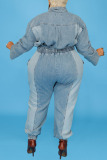 Light Blue Casual Solid Make Old Patchwork Pocket Buckle Turndown Collar Plus Size Jumpsuits