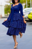 Tibetan Blue Sweet Celebrities Print Polka Dot Patchwork Flounce Square Collar Cake Skirt Dresses