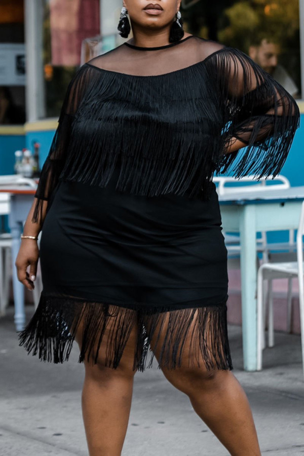 Black Fashion Sexy Patchwork Solid Tassel O Neck Plus Size Dresses