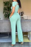Green Fashion Casual Solid Split Joint O Neck Short Sleeve Three-piece Set