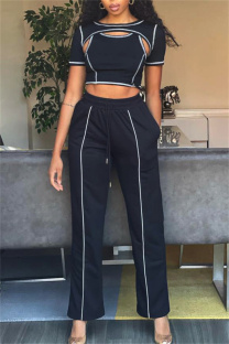 Black Fashion Casual Solid Patchwork O Neck Short Sleeve Three-piece Set