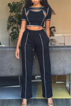 Black Fashion Casual Solid Split Joint O Neck Short Sleeve Three-piece Set