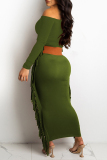 Red Fashion Casual Solid Tassel Off the Shoulder Long Sleeve Dresses (Without Belt)