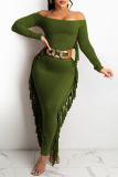 Ink Green Fashion Casual Solid Tassel Off the Shoulder Long Sleeve Dresses (Without Belt)
