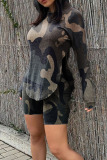 Lake Green Casual Print Split Joint Asymmetrical Hooded Collar Long Sleeve Two Pieces