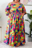 Colour Fashion Casual Print Backless Off the Shoulder Long Sleeve Plus Size Dresses