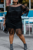 Black Fashion Sexy Patchwork Solid Tassel O Neck Plus Size Dresses