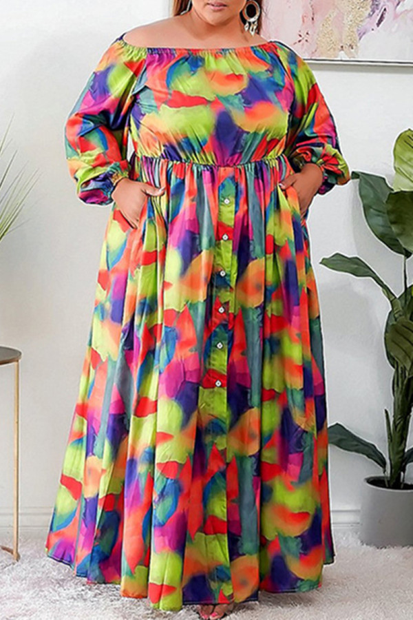 Colour Fashion Casual Print Backless Off the Shoulder Long Sleeve Plus Size Dresses