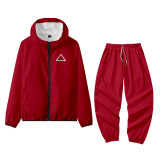 Red Triangle Squid Game Casual Sportswear Print Split Joint Mandarin Collar Long Sleeve Two Pieces