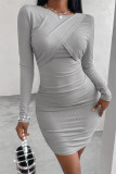 Grey Fashion Casual Solid Patchwork O Neck Long Sleeve Dresses