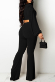 Black Fashion Casual Solid Bandage V Neck Long Sleeve Two Pieces (Without Belt )