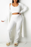 White Casual Solid Split Joint U Neck Long Sleeve Three Pieces