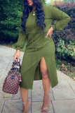 Green Fashion Casual Solid Slit Hooded Collar Long Sleeve Dresses