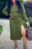 Green Fashion Casual Solid Slit Hooded Collar Long Sleeve Dresses