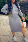 Light Gray Fashion Casual Solid Slit Hooded Collar Long Sleeve Dresses