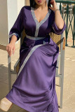 Purple Casual Solid Patchwork Hot Drill V Neck Straight Dresses