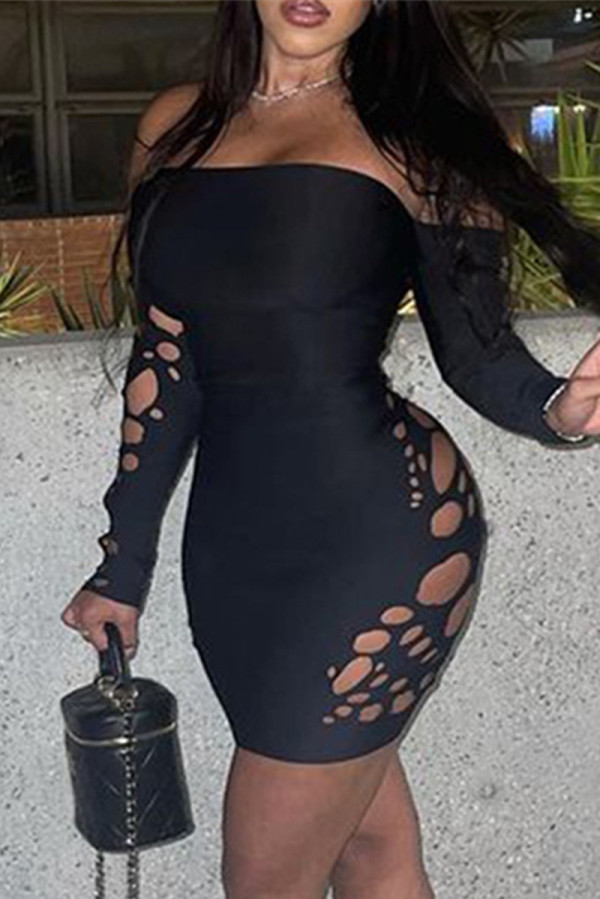 Black Fashion Sexy Solid Hollowed Out Backless Off the Shoulder Long Sleeve Plus Size Dresses