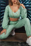 Light Green Casual Sportswear Solid Basic V Neck Long Sleeve Two Pieces