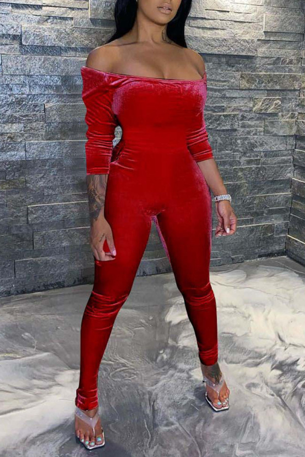 Red Sexy Casual Solid Patchwork Off the Shoulder Regular Jumpsuits