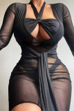 Black Sexy Solid Bandage See-through V Neck Long Sleeve Dresses