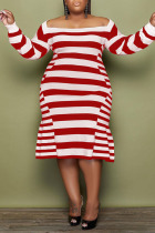 Red Casual Elegant Striped Print Split Joint Off the Shoulder A Line Plus Size Dresses