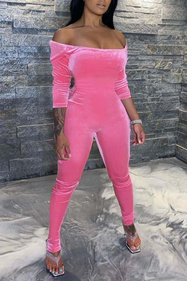 Pink Sexy Casual Solid Patchwork Off the Shoulder Regular Jumpsuits