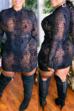 Black Fashion Sexy See-through O Neck Long Sleeve Plus Size Dresses
