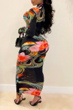 Colour Celebrities Print Split Joint O Neck Pencil Skirt Dresses