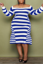 Blue Casual Elegant Striped Print Split Joint Off the Shoulder A Line Plus Size Dresses