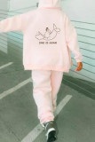 Pink Fashion Casual Print Cardigan Pants Hooded Collar Long Sleeve Two Pieces
