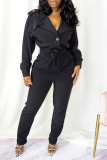 Black Casual Street Solid Patchwork Buttons Turndown Collar Straight Jumpsuits