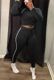 Black Fashion Casual Solid Patchwork Draw String V Neck Long Sleeve Two Pieces