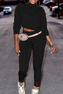 Black Casual Solid Patchwork Zipper Collar Long Sleeve Two Pieces(Without Belt)