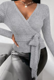 Grey Fashion Casual Solid Bandage V Neck Tops