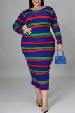 Dark Blue Fashion Casual Striped Print Basic O Neck Long Sleeve Plus Size Dresses