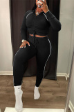 Black Fashion Casual Solid Patchwork Draw String V Neck Long Sleeve Two Pieces