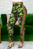 Fluorescent Green Casual Street Print Camouflage Print Tassel Split Joint Regular High Waist Pencil Full Print Bottoms