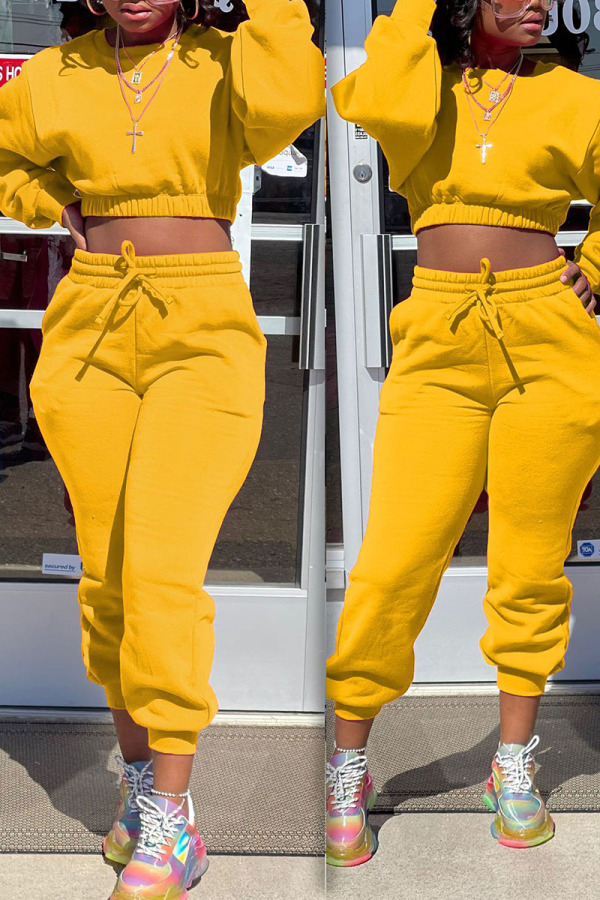 Yellow Casual Solid Split Joint O Neck Long Sleeve Two Pieces