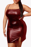 Burgundy Sexy Casual Plus Size Solid Backless Slit Spaghetti Strap Sleeveless Dress