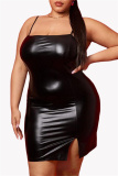 Black Sexy Casual Plus Size Solid Backless Slit Spaghetti Strap Sleeveless Dress