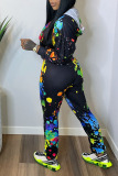 Black Casual Print Graffiti Patchwork Zipper Hooded Collar Long Sleeve Two Pieces