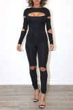 Black Fashion Casual Solid Hollowed Out Patchwork Zipper O Neck Skinny Jumpsuits