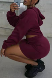 Burgundy Casual Solid Draw String Hooded Collar Long Sleeve Two Pieces