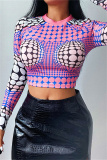 Pink Fashion Casual Print Basic O Neck Tops