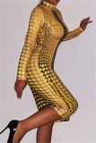 Yellow Fashion Casual Print Basic Turtleneck Long Sleeve Dresses