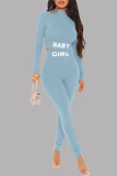 Baby Blue Casual Sportswear Letter Print Basic Half A Turtleneck Long Sleeve Two Pieces