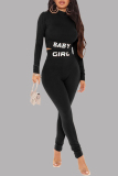 Black Casual Sportswear Letter Print Basic Half A Turtleneck Long Sleeve Two Pieces