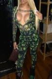 Green Fashion Sexy Print See-through V Neck Skinny Jumpsuits