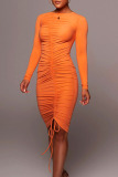 Orange Sexy Solid Patchwork Draw String Fold O Neck One Step Skirt Dresses