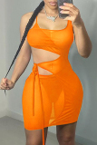 Orange Fashion Sexy Solid Patchwork See-through U Neck Sleeveless Dress Dresses